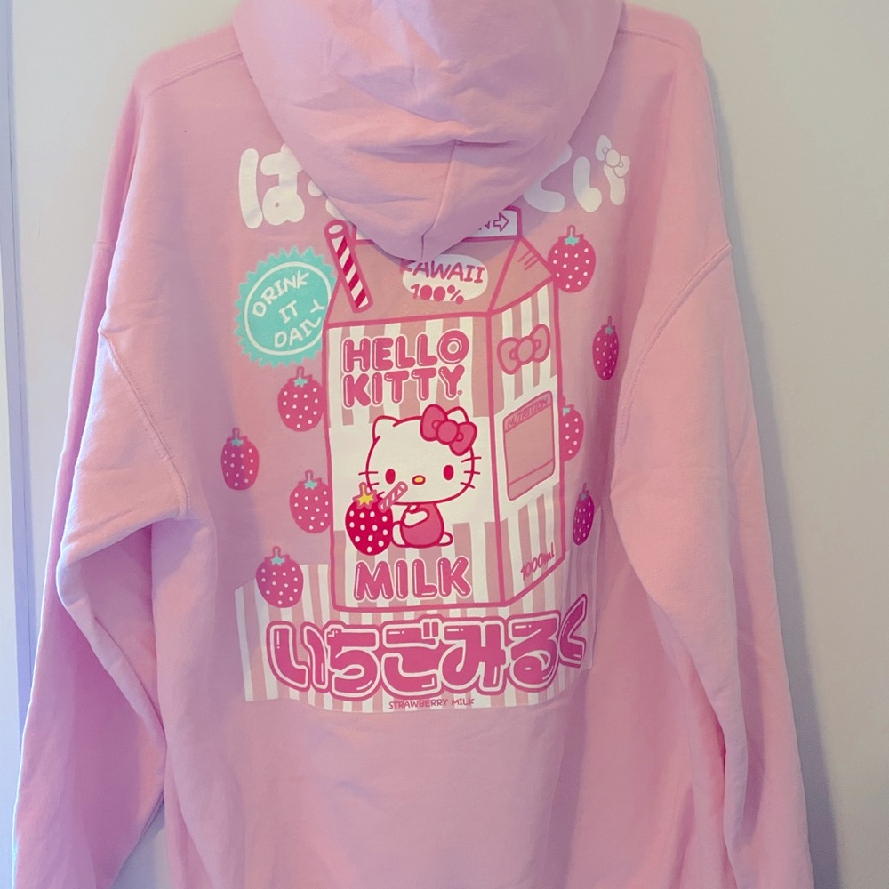 New Sanrio Hello Kitty Strawberry Milk Pink Hoodie Milk Carton S M L